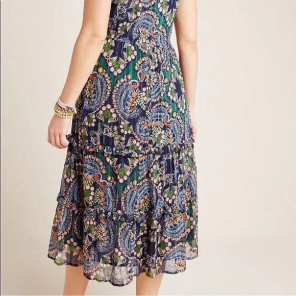 Anthropologie Elmira Boho Paisley Midi Dress Size 4 Tiered Ruffle Trim Small - Picture 4 of 13